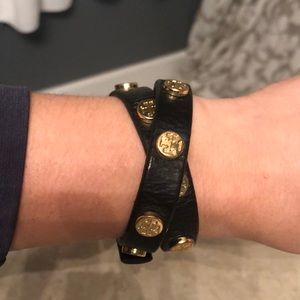 Tory Burch black leather gold logos wrap bracelet